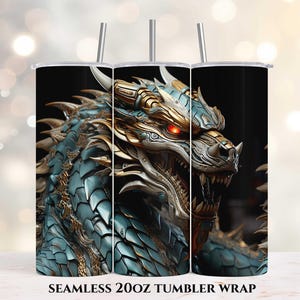 3D Blue Metallic Dragon 20oz Skinny Tumbler, Sublimation Design, Straight Tumbler Wrap PNG, Instant Digital Download, 3D Tumbler Design