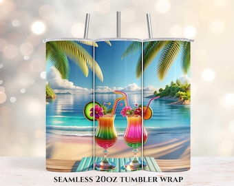 Tropical Beach Drinks Cocktail Tumbler, 20oz Skinny Tumbler Wrap, Sublimation Tumbler Design, Straight Tumbler Wrap PNG, Digital Download