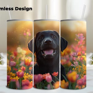 Black Labrador Retriever Flowers 20oz Skinny Tumbler Wrap, Sublimation Tumbler Design, Straight Tumbler Wrap PNG, Digital Download