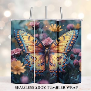 Yellow Blue Butterfly Wildflowers 20oz Skinny Tumbler Wrap, Sublimation Tumbler Design, Straight Tumbler Wrap PNG, Digital Download