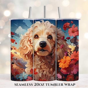 Poodle Flowers 20oz Skinny Tumbler, Sublimation Design, Straight Tumbler Wrap PNG, Instant Digital Download, Poodle Tumbler Wrap PNG
