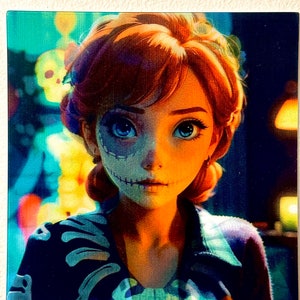 May include: A digital illustration of a woman with red hair and a blue and white skeleton face paint. She is wearing a dark blue and purple plaid shirt with a skeleton pattern on the sleeves. The background is a blurry image of a room with lights.