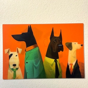 May include: Four dogs wearing suits and ties stand in a row against an orange background. The dog on the left is white with black spots, the next two are black, and the dog on the right is tan.