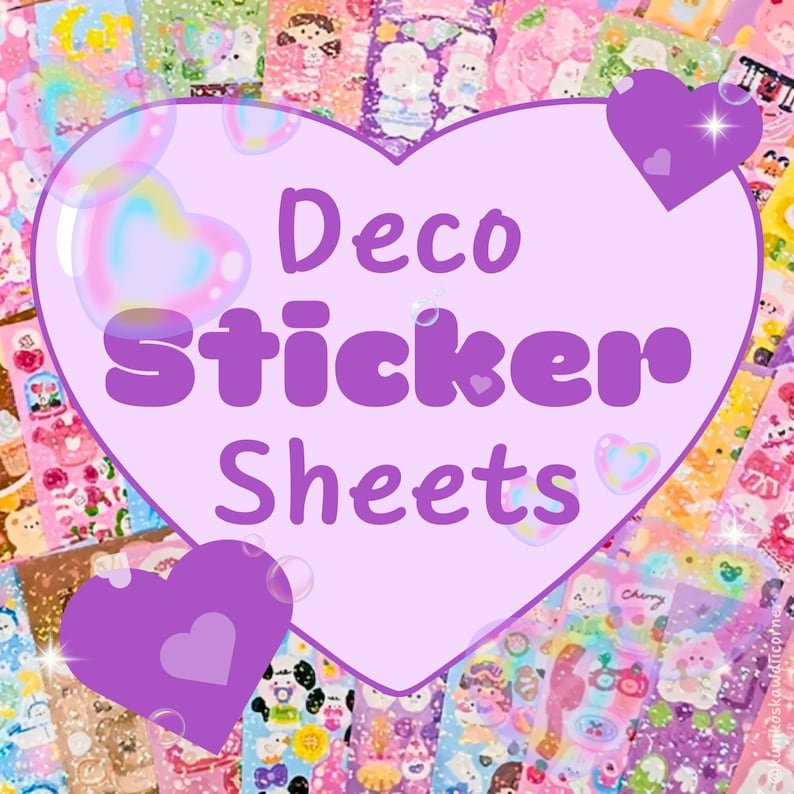 Op de afbeelding: Een afbeelding van kleurrijke Deco sticker vellen met diverse ontwerpen, waaronder schattige karakters en patronen. De afbeelding toont een groot paars hart met de tekst "Deco Sticker Sheets" in een speels lettertype, omringd door kleinere harten en bellen.