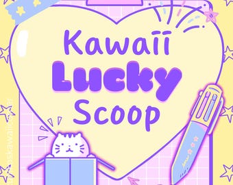 以下が含まれることがあります： 「Kawaii Lucky Scoop」の紫色の文字が入った、ハート型のクリップボードの気まぐれなイラスト。青い箱から飛び出す漫画の猫と、星のディテールが施された水色のペンも描かれています。背景は星のアクセントが付いた黄色です。
