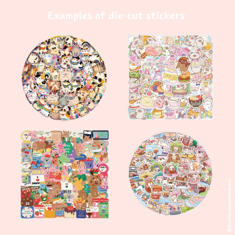 Puede incluir: La imagen muestra ejemplos de pegatinas troqueladas. Las pegatinas est&aacute;n dispuestas en varias formas, incluyendo c&iacute;rculos y cuadrados. Las pegatinas presentan una variedad de ilustraciones coloridas, incluyendo gatos, alimentos y personajes lindos. El texto "Examples of die-cut stickers" est&aacute; en la parte superior.