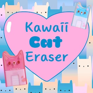 Kawaii Cat Shaped Eraser! 4 colors to choose from. Comes with a FREE kawaii pencil, stickers, and Asian candy!
