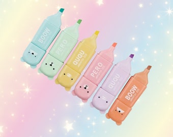 6pc Kawaii Cartoon Bear Mini Size Highlighter Set, Plus FREE pen!