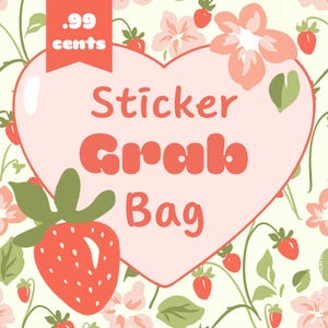 May include: A heart-shaped sticker grab bag design with the text "Sticker Grab Bag" in coral. The background features a floral pattern with strawberries and flowers in shades of pink, green, and cream. A small tag reads ".99 cents".
