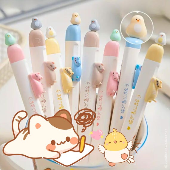 Kawaii Cat & Bird Gel Pen – 0.5mm Fine Tip Black Ink | Cute Retractable Kitty Pens with Moving Bird | Stationery gift and candy included!