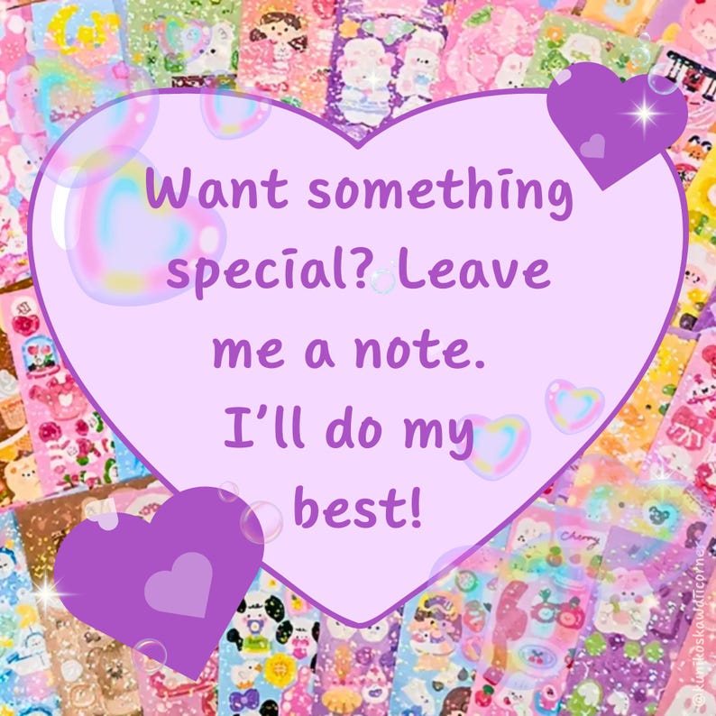 Op de afbeelding: Een collage van kleurrijke stickers met een groot, lichtpaars hart in het midden. Het hart bevat de tekst "Want something special? Leave me a note. I'll do my best!" Twee paarse harten en bellen versieren de afbeelding.