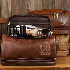 Personalized Vegan Leather Hanging Toiletry Bag, Monogram Travel Dopp Kit, Custom Engraved Glass Mug Gift for Groomsmen, Father's Day