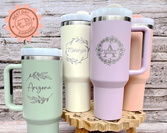 Personalized 40oz Tumbler With Handle, Laser Engraved Cup, Our First Mother's Day Cup from Baby, Mother's Day Gift, Custom Name Logo