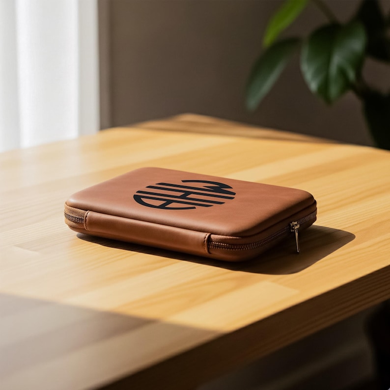 Brown leatherette tech case resting on a wooden table, featuring a black circular monogram with overlapping letters A H W.