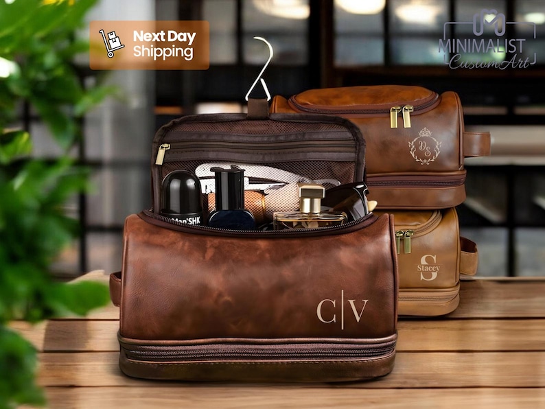 Personalized Leather Hanging Toiletry Bag for Men, Monogrammed Travel Organizer for Men, Dopp Kit with Compartments, Gift for Him