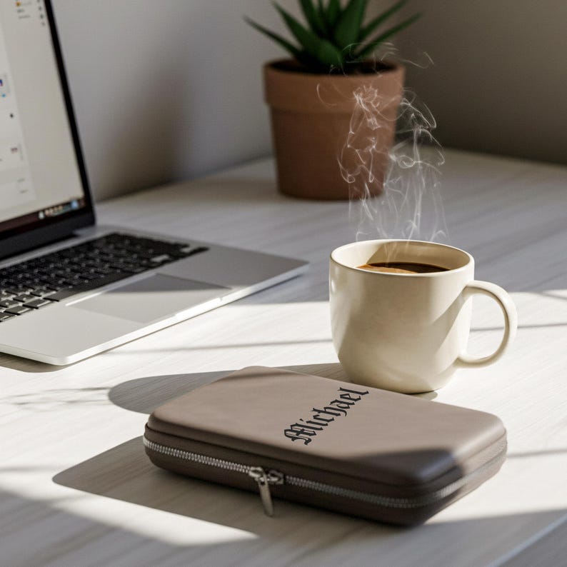 Desk scene featuring a laptop, a steaming white mug of coffee, a potted succulent, and a grey personalized tech case with the name Michael engraved in black.