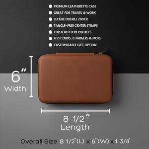 May include: A brown leatherette case with a secure double zipper, measuring 8 1/2 inches long and 6 inches wide. Features include top and bottom pockets, tangle-free center straps, and is great for travel and work. The case fits cords, chargers, and more.