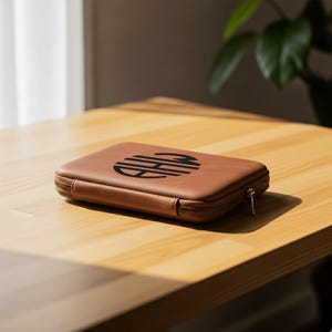 May include: A brown leather case with a black circular design on the top. The case has a zipper closure and is rectangular. The case is sitting on a light brown wooden surface.