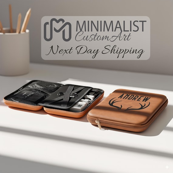 Personalized Leather Cord Case with Monogram – Custom Travel Cable Organizer, Engraved Tech Accessory Bag, Gift for Men, Corporate Gifts