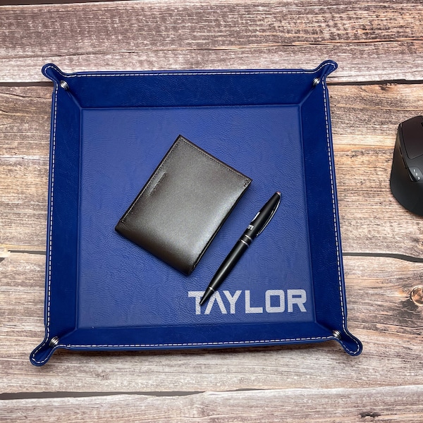Personalized Leather Valet Tray, Valet Tray Gift for Groom, Engraved Catch All Tray, Custom Name Storage Tray, Decorative Desk Tray