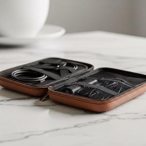 Open brown leatherette tech case sitting on a white marble surface, revealing a coiled black cable in one side and zippered mesh pockets in the other.