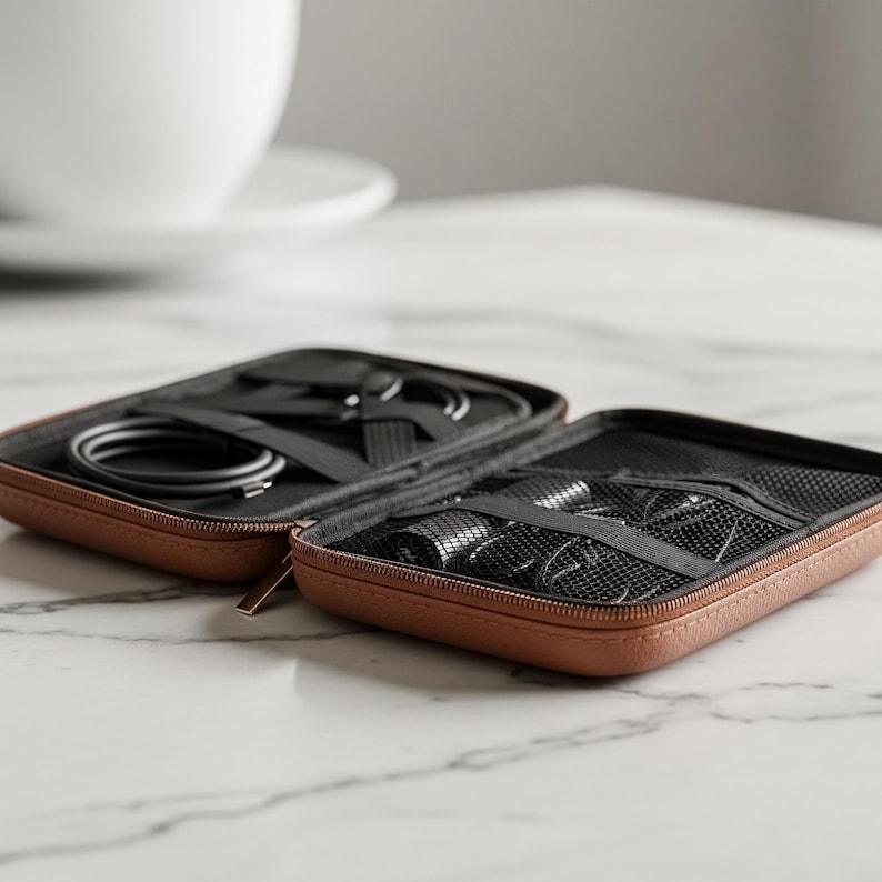Open brown leatherette tech case sitting on a white marble surface, revealing a coiled black cable in one side and zippered mesh pockets in the other.