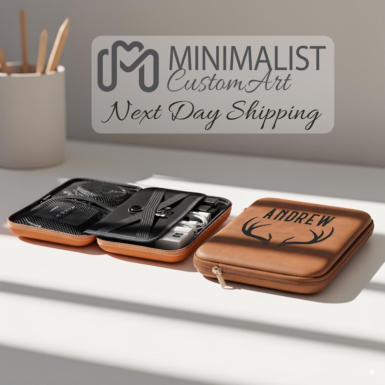 Two brown leatherette tech organizer cases on a white surface, one zipped shut with the engraved text ANDREW and antlers, and one open showing black mesh pockets and elastic bands holding cords and chargers.