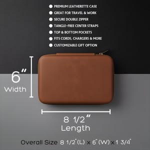 Brown leatherette tech case shown with dimension overlays displaying length of 8 and 1 half inches and width of 6 inches.