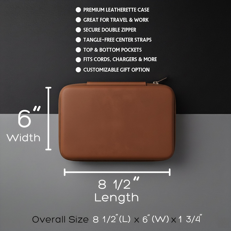 Brown leatherette tech case shown with dimension overlays displaying length of 8 and 1 half inches and width of 6 inches.