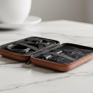 May include: Open brown zippered travel case with black accessories inside. The case is rectangular and has a black mesh pocket on the right side. A white cup and saucer are in the background.