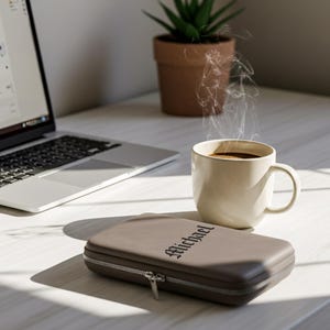 May include: A brown zippered case with the name "Michael" in a gothic font sits on a white desk next to a steaming mug of coffee. A laptop and a small potted plant are also on the desk.