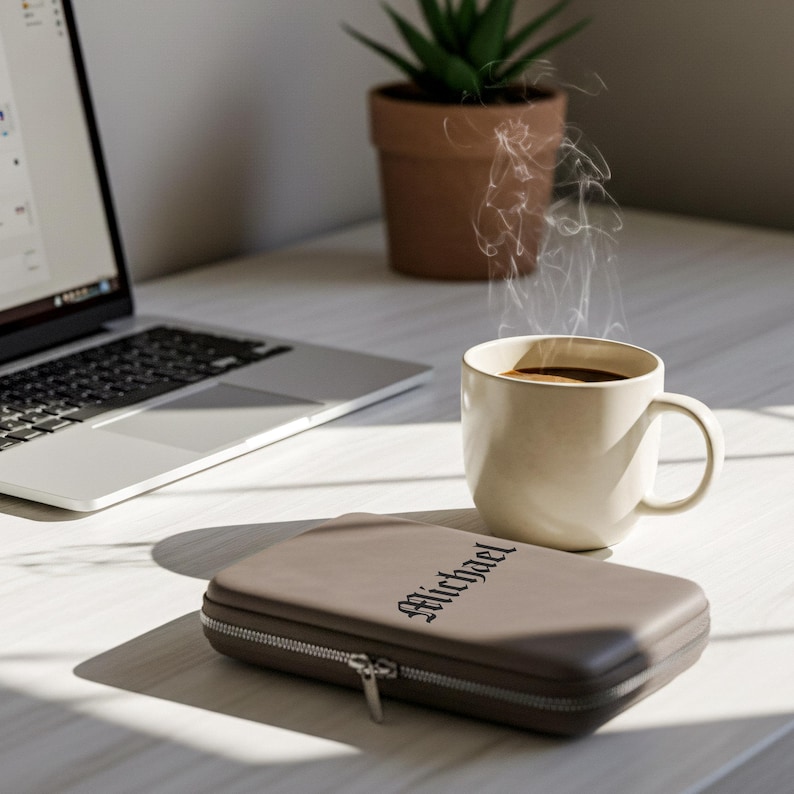 May include: A brown zippered case with the name "Michael" in a gothic font sits on a white desk next to a steaming mug of coffee. A laptop and a small potted plant are also on the desk.