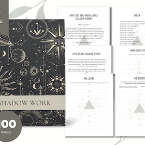 May include: A black and white journal with a celestial design on the cover. The cover has the text "Shadow Work" and "100 Pages". The journal is open to reveal pages with lined paper and the text "What Do You Know About Shadow Work?" and "How To Do Shadow Work?"