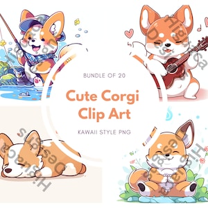 Schattige Corgi grafische clipart, kawaii stijl, PNG, commercieel gebruik, bundel 1 (set van 20)