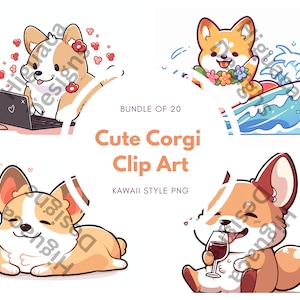 Schattige Corgi grafische clipart, kawaii stijl, PNG, commercieel gebruik, bundel 2 (set van 20)