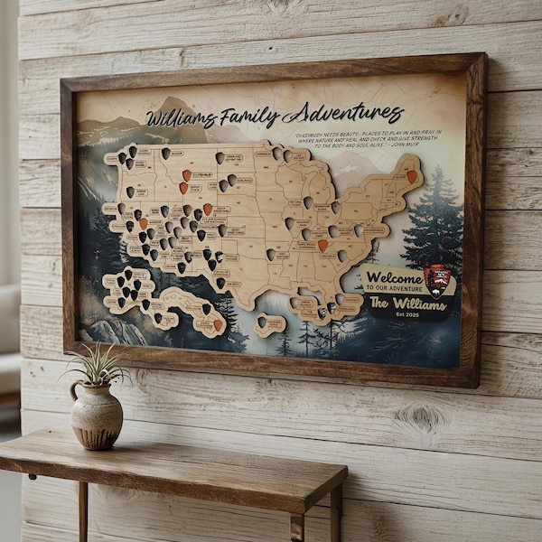 Regalo para amantes de los parques, rastreador de viajes con marco de madera, decoración personalizada con mapa de aventuras y arte mural personalizado de parques nacionales.