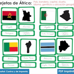 Montessori Cards from Africa, country, flag, silhouette, language, name and map, montessori material from Africa, montessori cards