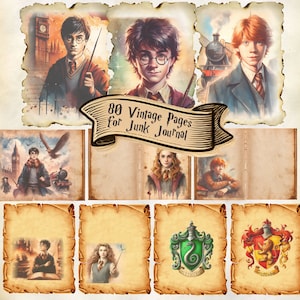 May include: A set of 80 vintage style pages featuring illustrations of characters from the Harry Potter series. The pages are designed for use in junk journals and other creative projects.