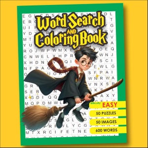 Puede incluir: Un libro para colorear y buscar palabras con una ilustración de dibujos animados de un niño en una escoba. La portada presenta el texto "Word Search and Coloring Book" en amarillo, con el nivel de dificultad marcado como "EASY". Incluye 50 rompecabezas, 50 imágenes y 600 palabras.