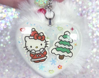 Cartoon Kitty Christmas Tree Keychain, Christmas Kitty Pompom Bag Charm, Holiday Resin Trinket, Kawaii Christmas Gift