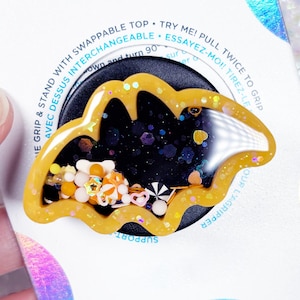 Black and Orange Sparkly Bat Phone Grip, Spooky Bat Stand, Liquid Resin Shaker, Cute Halloween Tablet Grip, Kawaii Goth Kindle Accessory