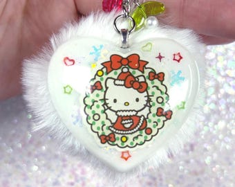 Cartoon Kitty Wreath Keychain, Christmas Kitty Pompom Bag Charm, Holiday Resin Trinket, Kawaii Christmas Gift