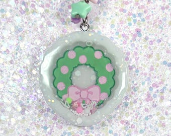 Wreath Shaker Keychain or Ornament, Christmas Bag Charm, Pastel Holiday Resin Decoration, Kawaii Christmas Gift