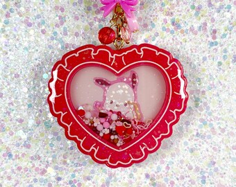Sporty Dog Ruffle Heart Shaker Keychain, Cupid Pochacco Bag Charm, Red Kawaii Puppy Heart