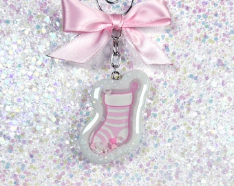 Pink Stocking Shaker Ornament or Keychain, Christmas Sock Bag Charm, Pastel Holiday Resin Decoration, Kawaii Christmas Gift