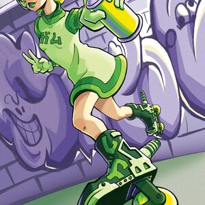 May include: Illustration of a person in a green outfit, helmet, and roller skates, holding a yellow spray paint can. The background features a purple brick wall with graffiti art. The person is in motion, with a peace sign.