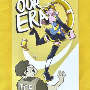 May include: A rectangular print on a yellow background featuring the text OUR ERA. An anime-style character with blonde hair and a blue and black outfit is leaping above a person wearing a cap and a vest with the text ICE printed on the back.