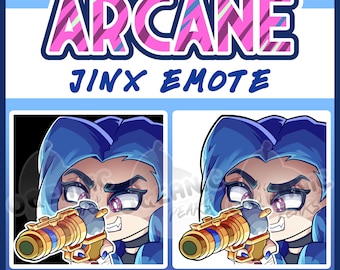 May include: A digital art graphic with the word "Arcane" in pink and white, and "Jinx Emote" below. Two images of a character with blue hair holding a gold and blue gun are shown. The graphic has a blue background with social media icons.