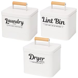 Modern Farmhouse Laundry Organizer Set – Lint Bin, Dryer Sheets Container & Laundry Pods Holder – Rustic Countertop Laundry Storage
