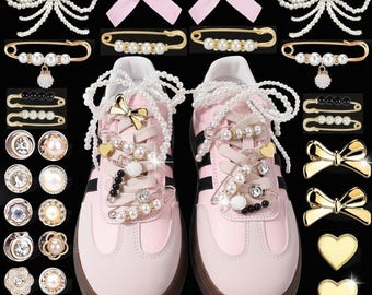 30pc Pearl Rhinestone Bow Sneaker Charms, Shoe Lace Jewelry Clips